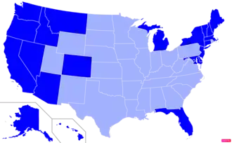 States in the United States by non-Christian (e.g. Non-religious, Jewish, Muslim, Hindu, Buddhist) population according to the Pew Research Center 2014 Religious Landscape Survey.[248] States with non-Christian populations greater than the United States as a whole are in full blue.