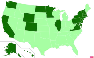 States in the United States by per capita income according to the U.S. Census Bureau American Community Survey 2013–2017 5-Year Estimates.[277] States with per capita incomes higher than the United States as a whole are in full green.