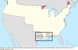 Map of the change to the international disputes involving the United States in central North America on February 22, 1821