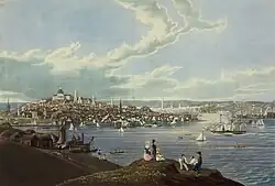 Painting with a body of water with sailing ships in the foreground and a city in the background