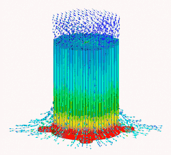 Animated diagram of a pin fin heat sink with thermal profile and air flow movement