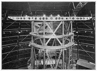 A 20-foot (~6&nbsp;meters) Michelson interferometer mounted on the frame of the 100-inch (~250&nbsp;cm) Hooker Telescope, 1920.