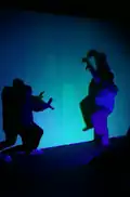 A phosphorescent wall is being illuminated; shadows are present.
