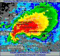 A radar reflectivity image of a classic tornadic supercell near Oklahoma City, Oklahoma on May 3, 1999.
