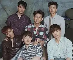 2PM in 2015 Clockwise from top to bottom: Chansung, Taecyeon, Wooyoung, Jun. K, Nichkhun, and Junho