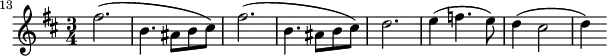 \relative c'' {
\key b \minor
\time 3/4
\clef treble
\set Staff.midiInstrument = "oboe"
\set Score.currentBarNumber = #13
\bar ""
fis2.( | b,4. ais8 b cis) | fis2.( | b,4. ais8 b cis) | d2. | e4( f4. e8) | d4( cis2 | d4)
}