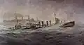 USS Leviathan escorted by USS&nbsp;Allen, both in dazzle camouflage, painted by Burnell Poole, 1918