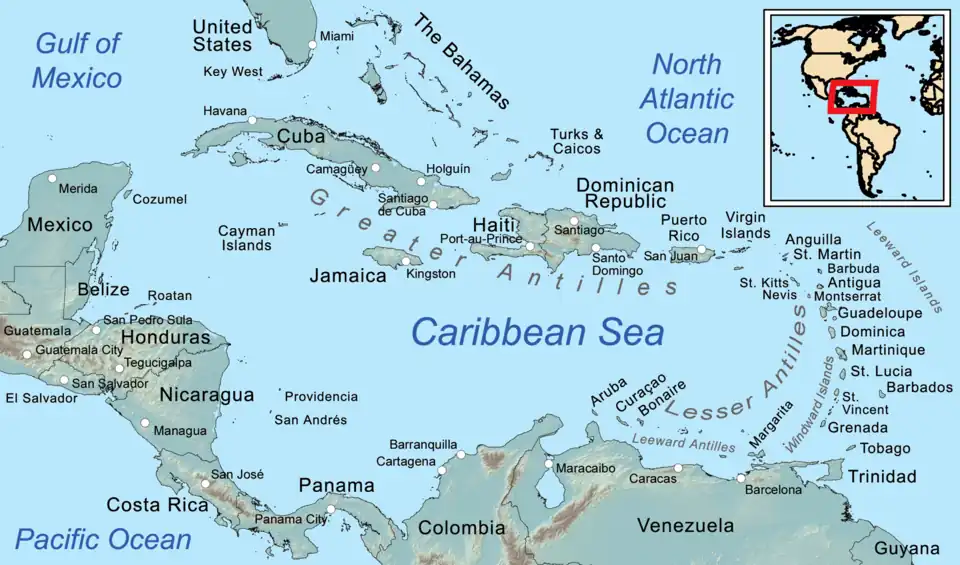Caribbean general map and map of the Caribbean Sea