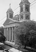 East elevation (front), portico and towers