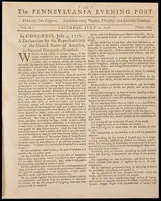 First newspaper printing of the Declaration of Independence, Pennsylvania Evening Post (1776)