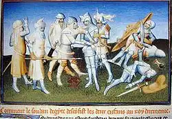 Detail from The Travels of Marco Polo,  1410, showing an armored "Mamluk" with a short, spiked flail tucked into his belt