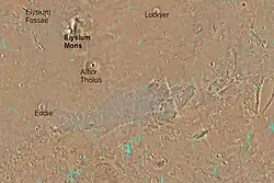 Map of Elysium quadrangle. Elysium Mons and Albor Tholus are large volcanoes; locations of large fossae are indicated