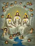 Atypical depiction of the Trinity where the Son is identified by a lamb, the Father an Eye of Providence, and the Spirit a dove