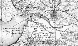 It is believed that the actual touchdown point lies near the centre of Stultz's signature, as Friendship arrived in the Burry Estuary at low tide. At that time, the only navigable water would have been the channel of the Loughor River,[1] shown on the map beneath Stultz's name. The landing spot co-ordinates are roughly 51°40′34.9″N 4°13′03.0″W﻿ / ﻿51.676361°N 4.217500°W. The map was signed while the crew rested at the Fricker's metal works offices in Burry Port.