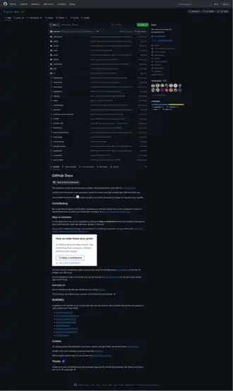 files of the "github/docs" repository, with a readme file, contributor, committed date, etc.