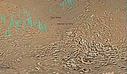 Map of the eastern part of Hellas Planitia (a vast impact crater), showing two large river valleys that slope left, toward the floor of the crater.