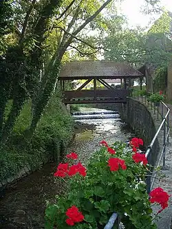 A small river runs between tree lined banks. Geraniums bloom in flower boxes hanging from a fence.