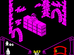 A man with a darkened face in a pith hat stands atop several rows of blocks. The image is in isometric display such that we can see three sides of the blocks but only one side of the character (who is displayed in two dimensions). The gameplay area is displayed in monochrome: bright pink and black for positive and negative space, respectively. Some brick façade in the background bound the room and two archways show ways to exit the room. Below the scene is a heads-up display drawn with the motif of an unrolled scroll. There are icons to denote player lives, with a smaller version of the character, a potion bottle item, and indicators for the day and time: "DAY 02" in a scripted typeface, and an arched rectangle with a sun image peeking from the rectangle's left horizon.