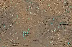 Map of Mare Tyrrhenum quadrangle. Tyrrhena Patera is a major volcano with pit craters.