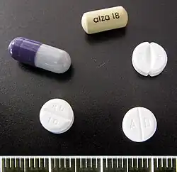 Clockwise from top: Concerta 18&nbsp;mg, Medikinet 5&nbsp;mg, Methylphenidat TAD 10&nbsp;mg, Ritalin 10&nbsp;mg, Medikinet&nbsp;XL 40&nbsp;mg