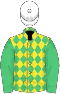 Yellow and emerald green diamonds, emerald green sleeves, white cap