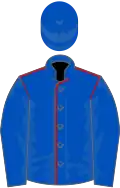 Royal blue, red seams, royal blue sleeves and cap