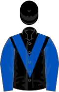 Black, royal blue chevron and sleeves, black cap