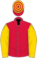 Crimson, gold sleeves, hooped cap