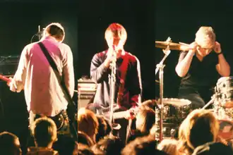 Unwound's best-known lineup performing. From left: Vern Rumsey, Justin Trosper, Sara Lund.