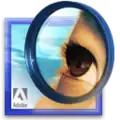 Adobe Photoshop Version 7 logo with brown eye and board blue centered on blue background color