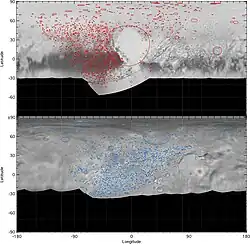 Distribution of numerous impact craters and basins on both Pluto and Charon. The variation in density (with none found in Sputnik Planitia) indicates a long history of varying geological activity. Precisely for this reason, the confidence of numerous craters on Pluto remain uncertain.[123] The lack of craters on the left and right of each map is due to low-resolution coverage of those anti-encounter regions.
