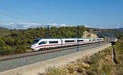 High-speed AVE Class 103 train near Vinaixa, Madrid-Barcelona line. Spain has the longest high-speed rail network in Europe.[250]