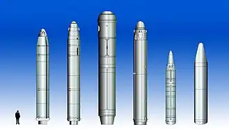 Selected Russian and Chinese SLBMs. L to R: R-29 Vysota (SS-N-8), R-29R (SS-N-18), R-39 (SS-N-20), R-29RM (SS-N-23), JL-1, JL-2