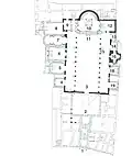 Plan: (1) Prothyrum, (2) Atrium, (3) Nave, (4) St. Peter’s Chapel, (5) St. Charles Borromeo Chapel, (6) Olgiati Chapel, (7) Chapel of the Blessed Sacrament & St. Benedict, (8) Sacristy, (9) Bell Tower, (10) Sanctuary & Monastic Choir, (11) Crypt Entrance, (12) Chapel of the Crucifix of St. Brigid of Sweden, (13) Side Door, (14) Tomb of Cardinal Alano, (15) Tomb of Msgr. Santoni by Bernini, (16) St. Zeno’s Chapel, (17) Sanctuary of the Collumn of the Lords Flaggelation, (18) St. Pius X Chapel, (19) St. Bernardo Uberti Chapel.