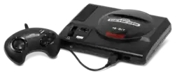 Black video game console with top-loading slot and single, wired controller with directional pad and four buttons