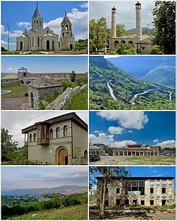 Landmarks of Shusha, from top left: Ghazanchetsots Cathedral&nbsp;• Yukhari Govhar Agha Mosque Shusha fortress&nbsp;• Shusha mountains House of Mehmandarovs&nbsp;• City center Shusha skyline&nbsp;• House of Khurshidbanu Natavan
