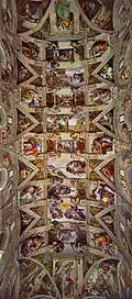 Sistine Chapel ceiling; by Michelangelo; 1508–1512; fresco; 13.7 x 39 m; Sistine Chapel (Vatican City)[159]