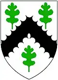 Arms of Smithson of Stanwick, Yorkshire (ancient): Argent, a chevron engrailed sable between three oak leaves erect slipped vert[27]