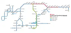 A transit diagram visualizing the rapid transit network in Ottawa. Includes O-Train Lines 1, 2, 4, and the Transitway bus rapid transit network