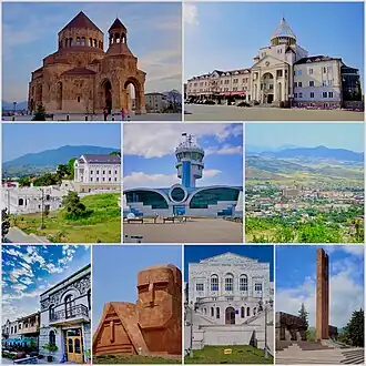 From top left: Holy Mother of God Cathedral Renaissance Square • Downtown Stepanakert Stepanakert Airport • Stepanakert skyline Park Hotel Artsakh • We Are Our Mountains Artsakh University • Stepanakert Memorial