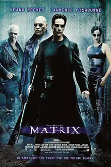 The characters of the film (Cypher, Morpheus, Thomas Anderson/Neo, and Trinity) in an alleyway holding guns and weapons, with bullets on the ground. Lines of computer code (known as digital rain) can be seen scattered around the poster. The tagline on the bottom reads "ON MARCH 31ST THE FIGHT FOR THE FUTURE BEGINS."
