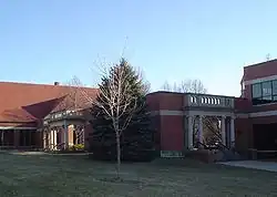 The arches from the former Steffens Hall. Blades Hall and the Dunlap Technology building are also visible