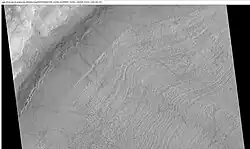 Close-up view of concentric crater fill, as seen by HiRISE under HiWish program Note: this is an enlargement of previous image of a concentric crater. Location is Phaethontis quadrangle.