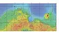 A MOLA map showing boundaries of Syrtis Major Planum and other regions. Colors indicate elevations.
