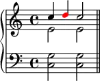 \new PianoStaff <<
\new Staff <<
\new Voice \relative c'' {
\clef treble \key c \major \time 4/4
\stemUp c4 \once \override NoteHead.color = #red d c2
}
\new Voice \relative c' {
\stemDown e2 e
}
>>
\new Staff <<
\relative c {
\clef bass \key c \major \time 4/4
<c g'>2 <c g'> \bar "||"
}
>>
>>